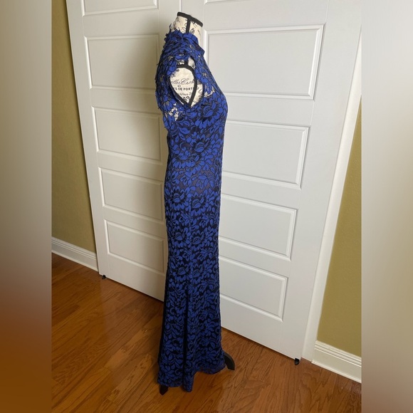 ELIZA J MOCK NECK OPEN BACK MERMAID GOWN BLUE BLACK - Picture 8 of 11